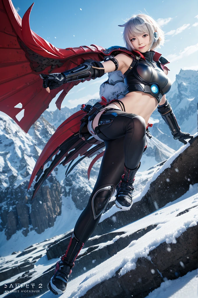 an anime girl, masterpiece, ultra detailed, best quality, 8K, no bad anatomy and fingers, dynamic angle and pose, a young cyborg girl, Armor with snow leopard motif, all fours, jumping, serious, smile, white short and fine hair, black streaked hair, Persona5, FINAL FANTASY 12, Brave Command Dagwon, mechanical wings and tail, background is Tianshan Mountains, action painting, Ryu Fujisaki,