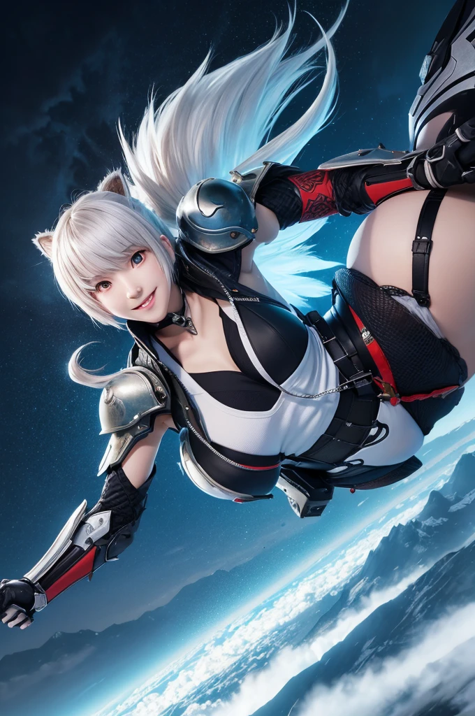an anime girl, masterpiece, ultra detailed, best quality, 8K, no bad anatomy and fingers, dynamic angle and pose, a young cyborg girl, Armor with snow leopard motif, all fours, jumping, serious, smile, white short and fine hair, black streaked hair, Persona5, FINAL FANTASY 12, Brave Command Dagwon, mechanical wings and tail, background is Tianshan Mountains, action painting, Ryu Fujisaki,