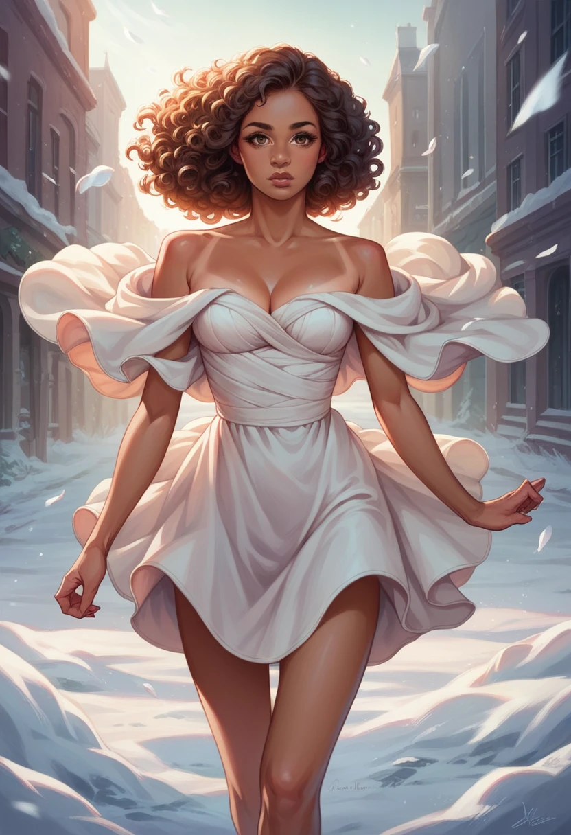 Beautiful face, delicate facial features, curly hair, tanned complexion, super realistic, big brown eyes, beautiful lips, perfect nose, pose for a photo, well lit, polish girl, , well dresedwalking through the city, wind, snow