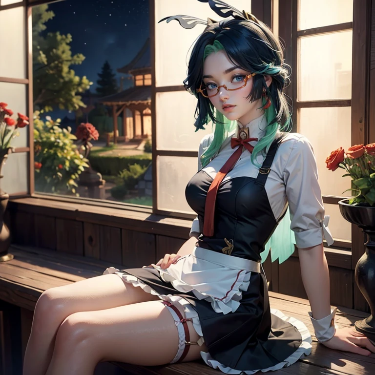 Xianyun_(genshin impact), 1girl, red roses, multicolored hair, black hair, green hair, long hair, glasses, red short skirt, red maid dress, skirt with layers, frills, red laces, maid apron, maid headdress, maid style, garter, garden scene, seat on the grass, red maid dress, maid dress, more details on her clothes, golden details on her clothes, night, smiling, solo, alone, jewelry, oriental garden scenery, white apron, white headdress, maid clothes, sitting
