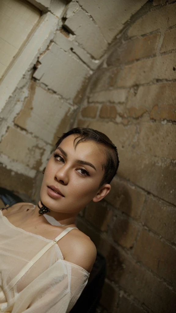 "Naked Lingerie Suspender" ((Hairstyle is shaved head, skinhead)), (Malaysia female), age 15 years old, 8K, photottorialism, G-String