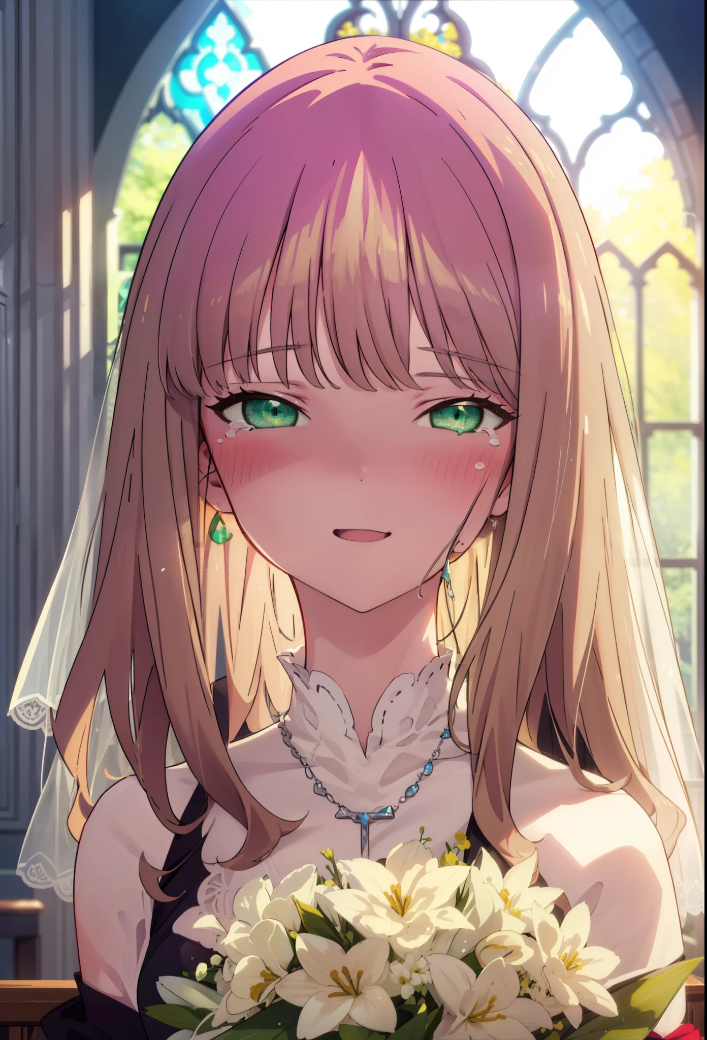 minami yume ,sss Dynazenon ,Long Hair, Brown Hair, (Green Eyes:1.5) ,blush,happy smile, smile, Open your mouth,Off-the-shoulder wedding dresses,necklace,Veil,bouquet,Close both eyes,Tears stream down her face,Tears of joy,I cry a lot,
break looking at viewer, Upper Body,(Cowboy Shot:1. 5) break indoors, Chapel,church, break (masterpiece:1.2), Highest quality, High resolution, unity 8k wallpaper, (shape:0.8), (Beautiful attention to detail:1.6), Highly detailed face, Perfect lighting, Highly detailed CG, (Perfect hands, Perfect Anatomy),
