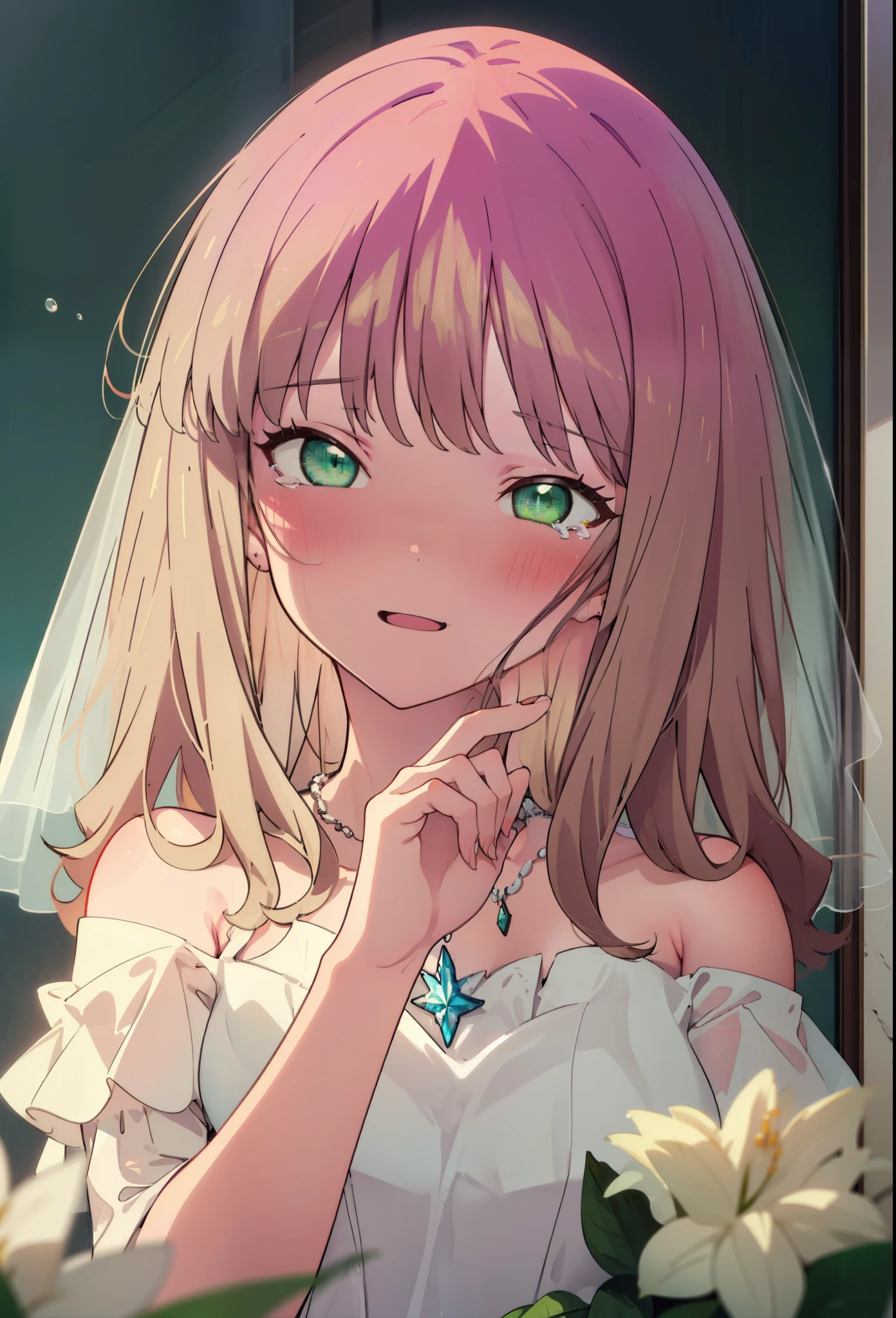 minami yume ,sss Dynazenon ,Long Hair, Brown Hair, (Green Eyes:1.5) ,blush,happy smile, smile, Open your mouth,Off-the-shoulder wedding dresses,necklace,Veil,bouquet,Close both eyes,Tears stream down her face,Tears of joy,I cry a lot,
break looking at viewer, Upper Body,(Cowboy Shot:1. 5) break indoors, Chapel,church, break (masterpiece:1.2), Highest quality, High resolution, unity 8k wallpaper, (shape:0.8), (Beautiful attention to detail:1.6), Highly detailed face, Perfect lighting, Highly detailed CG, (Perfect hands, Perfect ???????),