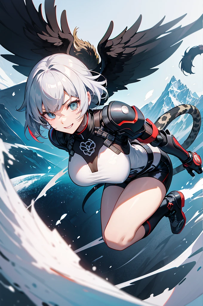 an anime girl, masterpiece, ultra detailed, best quality, 8K, no bad anatomy and fingers, dynamic angle and pose, a young cyborg girl, Armor with snow leopard motif, all fours, jumping, serious, smile, white short and fine hair, black streaked hair, Persona5, FINAL FANTASY 12, Brave Command Dagwon, mechanical wings and tail, background is Tianshan Mountains, action painting, Ryu Fujisaki,