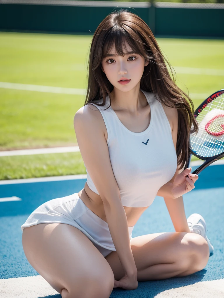 White tennis wear, tennis racket, Tennis ball, Tennis court, (Highest quality) , ((Very detailed)) , 4K , (8k) , masterpiece, Very detailedな, Highest quality, Super Resolution, 1 person, Crying a little, Soft Light, RAW quality, Soft Skin, 152cm , 20-year-old girl, Cute type, Big Natural Color Lip, (Provocative dynamic pose) , (Perfect figure)Beautiful feet, Voluptuous thighs, Soft long hair, bangs, Brown Hair, 1 personの女の子, Highest Resolution, Big and cute eyes, A clear double, White pleated micro mini skirt, No underwear, Voluptuous thighs, Plump body, Huge , (Expresses the roundness and softness of the chest area...1) , I'm a little sweaty, Pussy il view, Skirt flip, Beautipussy line, erot