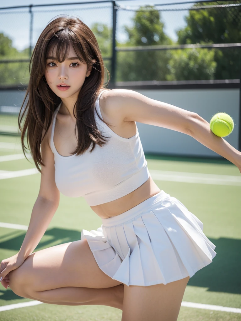 White tennis wear, tennis racket, Tennis ball, Tennis court, (Highest quality) , ((Very detailed)) , 4K , (8k) , masterpiece, Very detailedな, Highest quality, Super Resolution, 1 person, Crying a little, Soft Light, RAW quality, Soft Skin, 152cm , 20-year-old girl, Cute type, Big Natural Color Lip, (Provocative dynamic pose) , (Perfect figure)Beautiful feet, Voluptuous thighs, Soft long hair, bangs, Brown Hair, 1 personの女の子, Highest Resolution, Big and cute eyes, A clear double, White pleated micro mini skirt, No underwear, Voluptuous thighs, Plump body, Huge breasts, (Expresses the roundness and softness of the chest area...1) , I&#39;m a little sweaty, Pussy in full view, Skirt flip, Beautiful pussy line, erotic