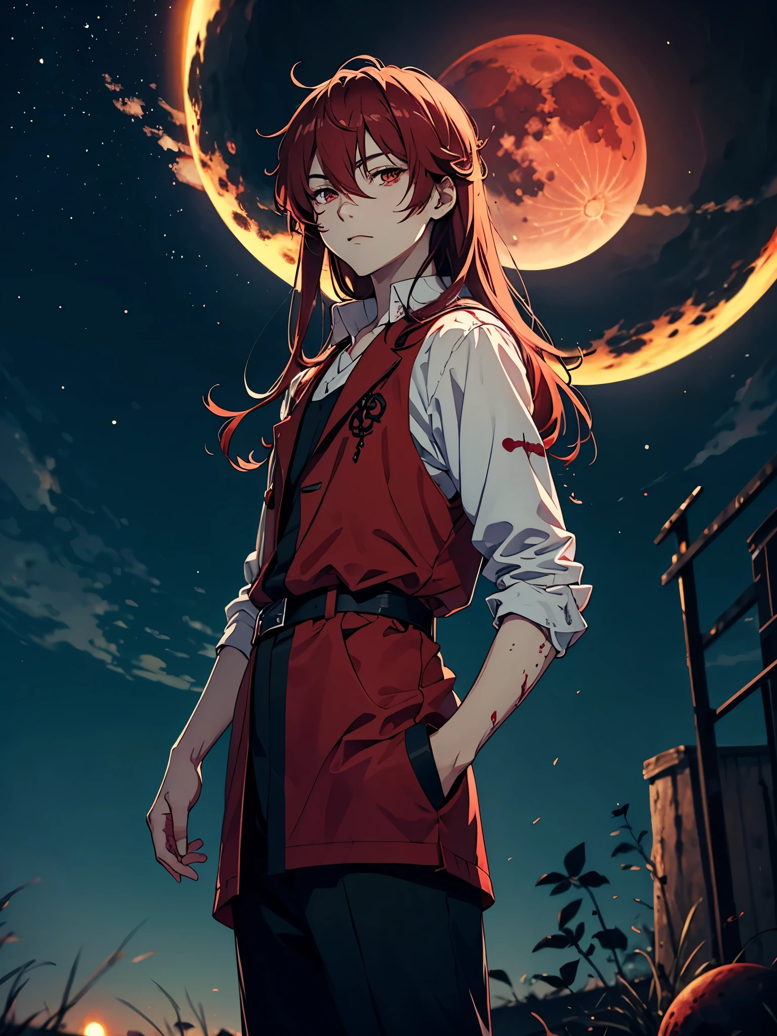 火. 火rote Haare. Red hair. Red eyeliner. Blood Moon. More anime. male. Long hair. Boy.