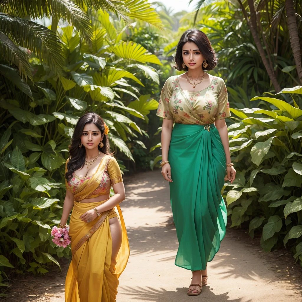 A Woman round neck blouse and saree,round face,fair skin, beautiful face, angle face,big cheeks, swooping breasts, deep cleavage, open arms, sexy armpits,big penis, nipples, ass, necklace, (cinematic:1.3),a woman in a round neck blouse and saree walking in a garden, wearing a round neck blouse and saree, wearing in a summer dress, wearing a round neck blouse and saree, golden and round neck blouse and saree, standing in a botanical garden, elegant tropical prints, wearing an round neck blouse and saree, wearing round neck blouse and saree, with flowers, wearing a round neck blouse and saree, full body photogenic shot
