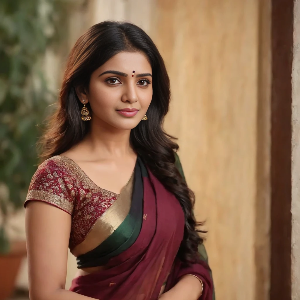 Samantha ruth prabhu,saree, bikini blouse,((cleavage)), shaggy hair style