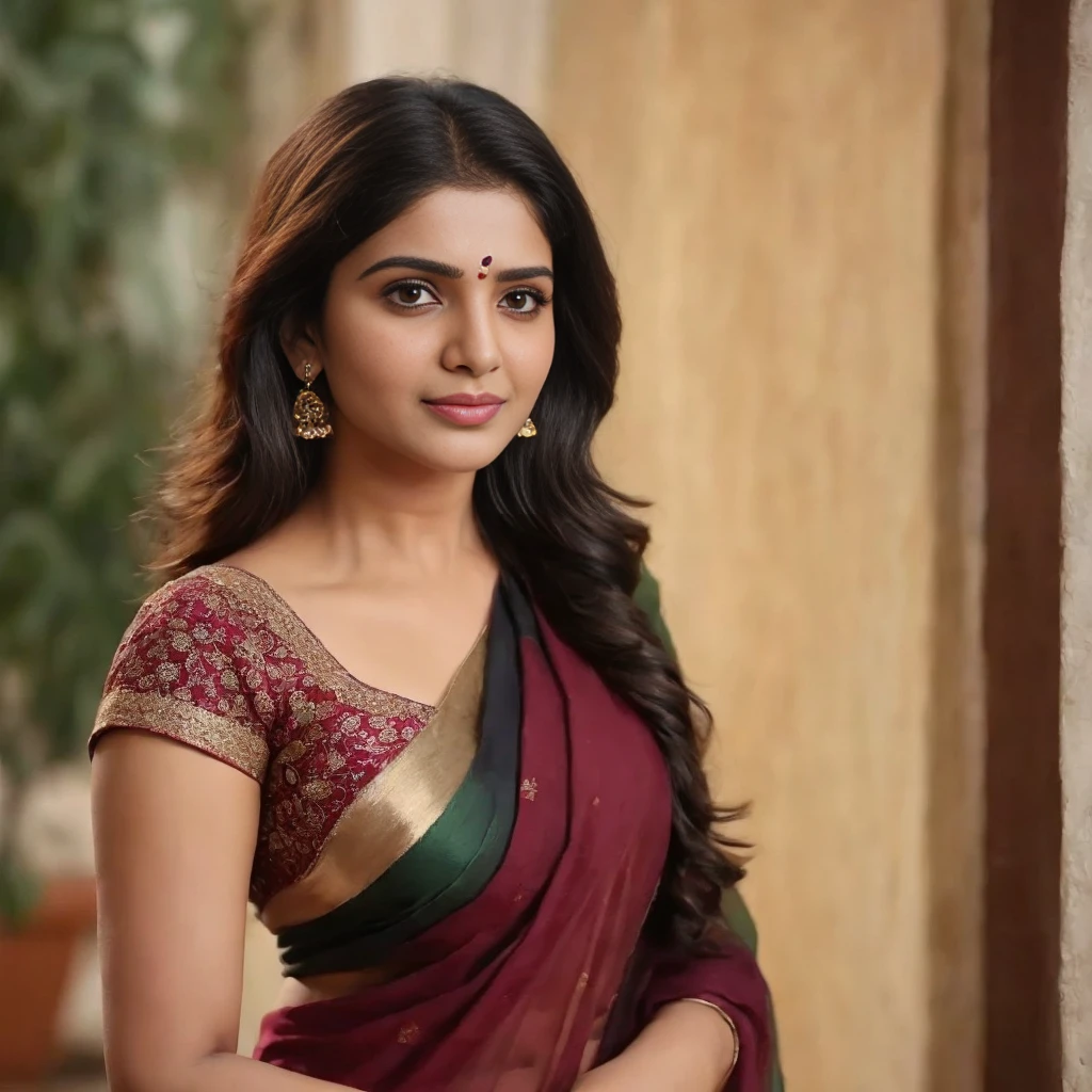 Samantha ruth prabhu,saree, bikini blouse,((cleavage)), shaggy hair style