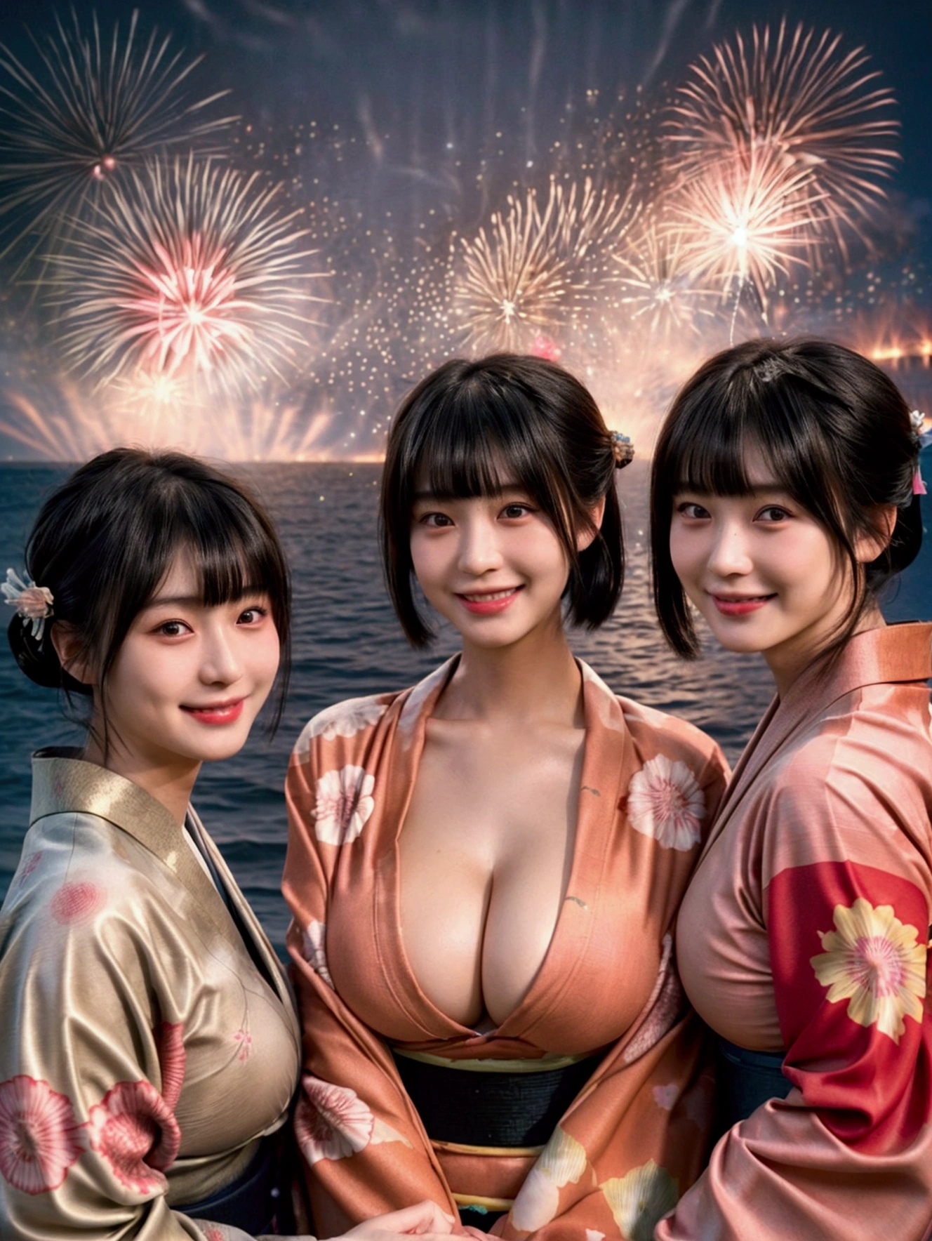 (masterpiece, realistic, photo-realistic:1.2), finely detail, ultra high res, perfect anatomy, best quality, 8K, soft focus, (happy smile:1.2), (3girls, harem, 16yo Japanese short girls, kimono:1.2), portrait, upper body shot, (black straight hair, short hair, blunt bangs:1.2), beautiful detailed face and big eyes, (glowing fair skin, shiny oiled body:1.2), (pointed huge breasts, gigantic breasts:1.2), (bloom, awesome detailed fireworks, night view, sea side:1.2),