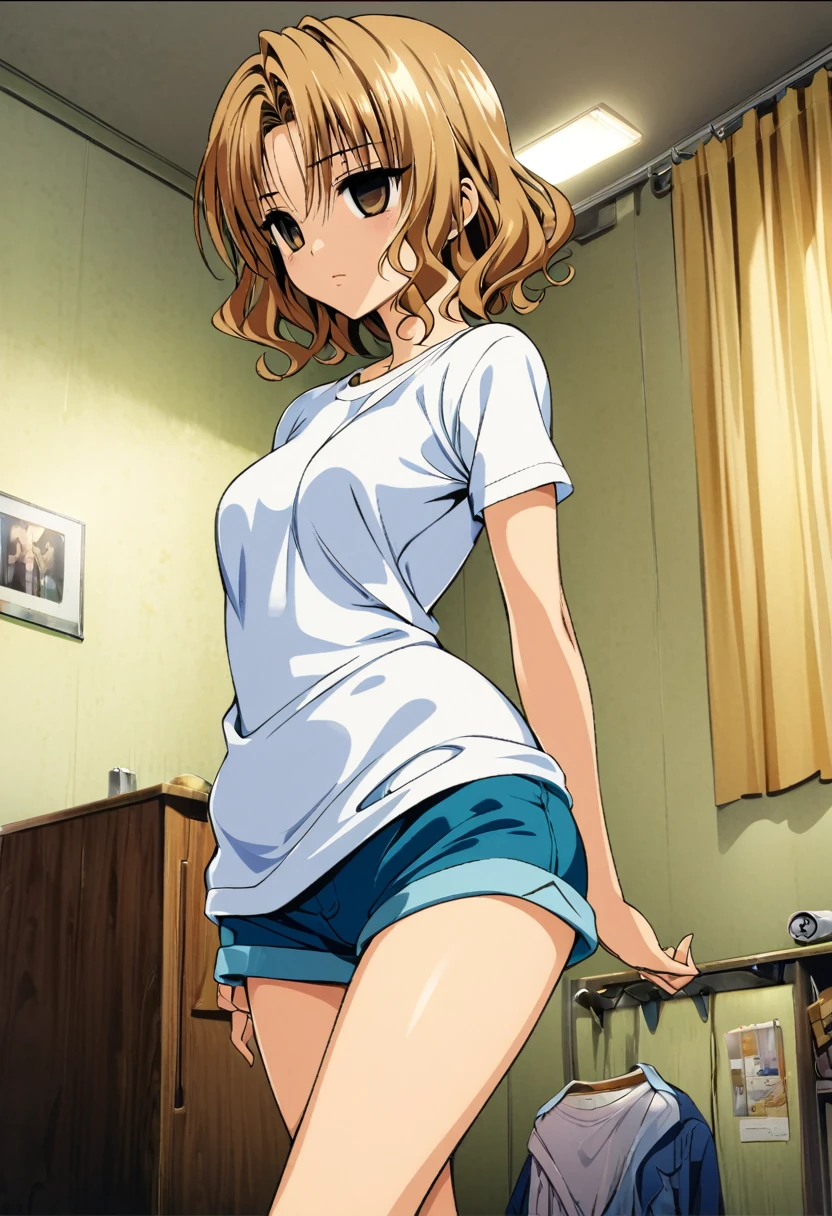 masterpiece, highest quality, Detailed face, Beautiful and detailed eyes, Beautiful Face, Perfect body, Official Art, grand plix award illustration, Professional Lighting,One girl, momioka risa,blonde short hair,wavy hair,brown eyes,empty eyes,jitome,shirt,shorts,room,Style of Yabuki Kentaro, To Love-Ru art style,