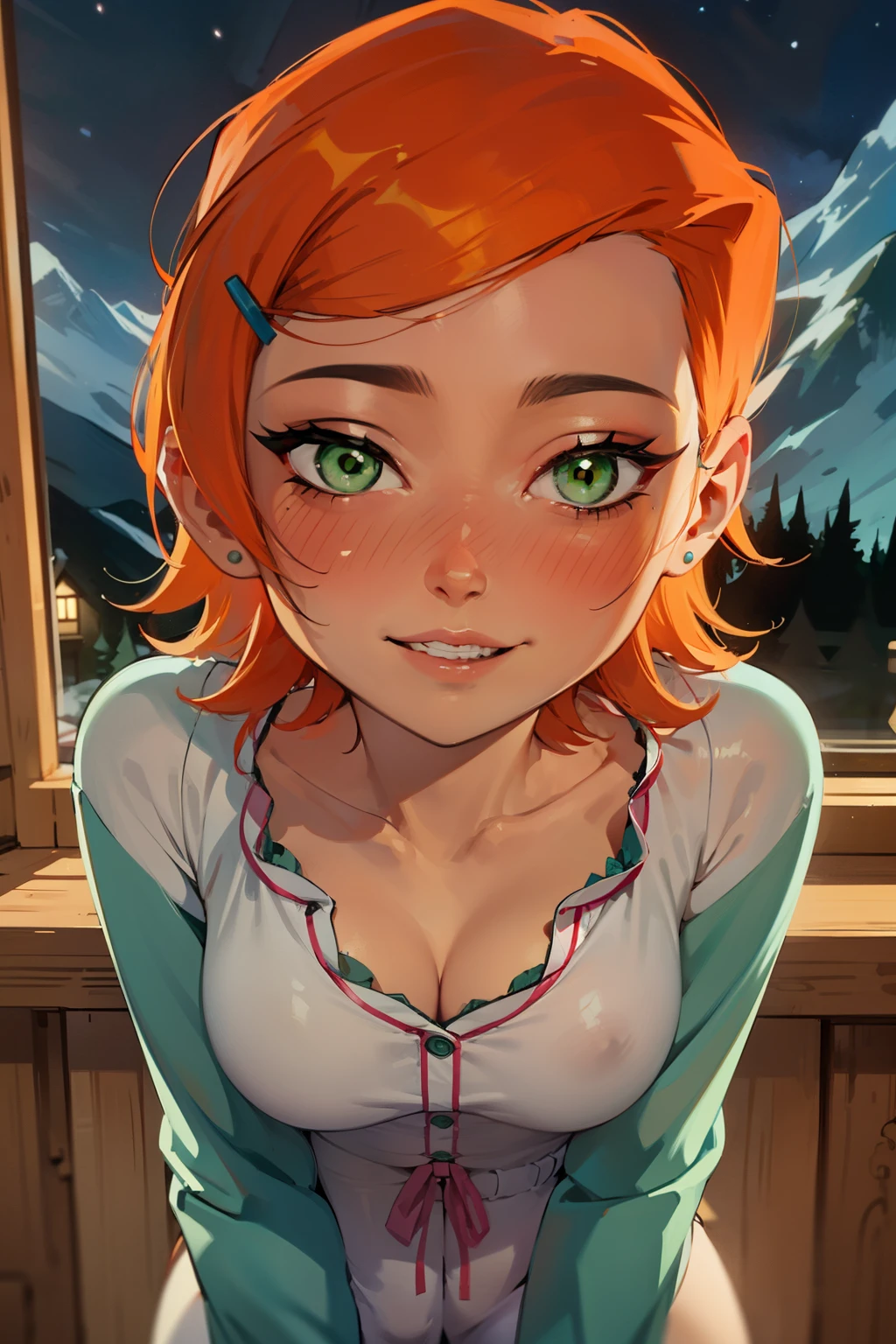 (Masterpiece), Best Quality, ultra-detailed, 1girl (Gwendolyn_Tennyson,  beautiful face, breasts, orange hair, short hair, green eyes, half-closed eyes), detailed face,a face in love, smile, parted lips, nose blush, blush , facing viewer, looking at viewer, solo, pink pajama, forest, night time, dark lighting, in the mountain cabin, standing, sexy waist teasing, come-on, cowboy shots