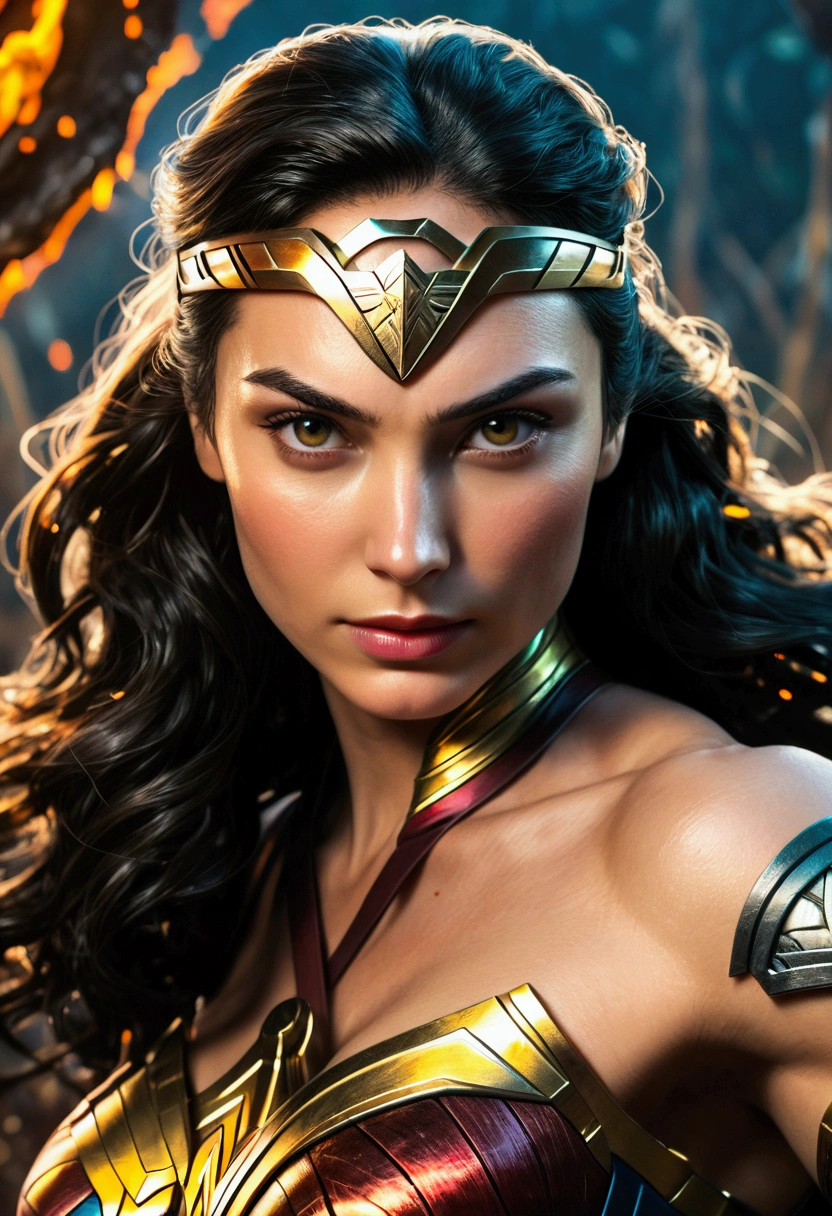 (((In extreme close-up a beautiful woman under the mantle of the Amazon warrior a fusion between Wonder Woman and Mortal Kombat frontal images color images Splash Diaema Wonder Woman)))