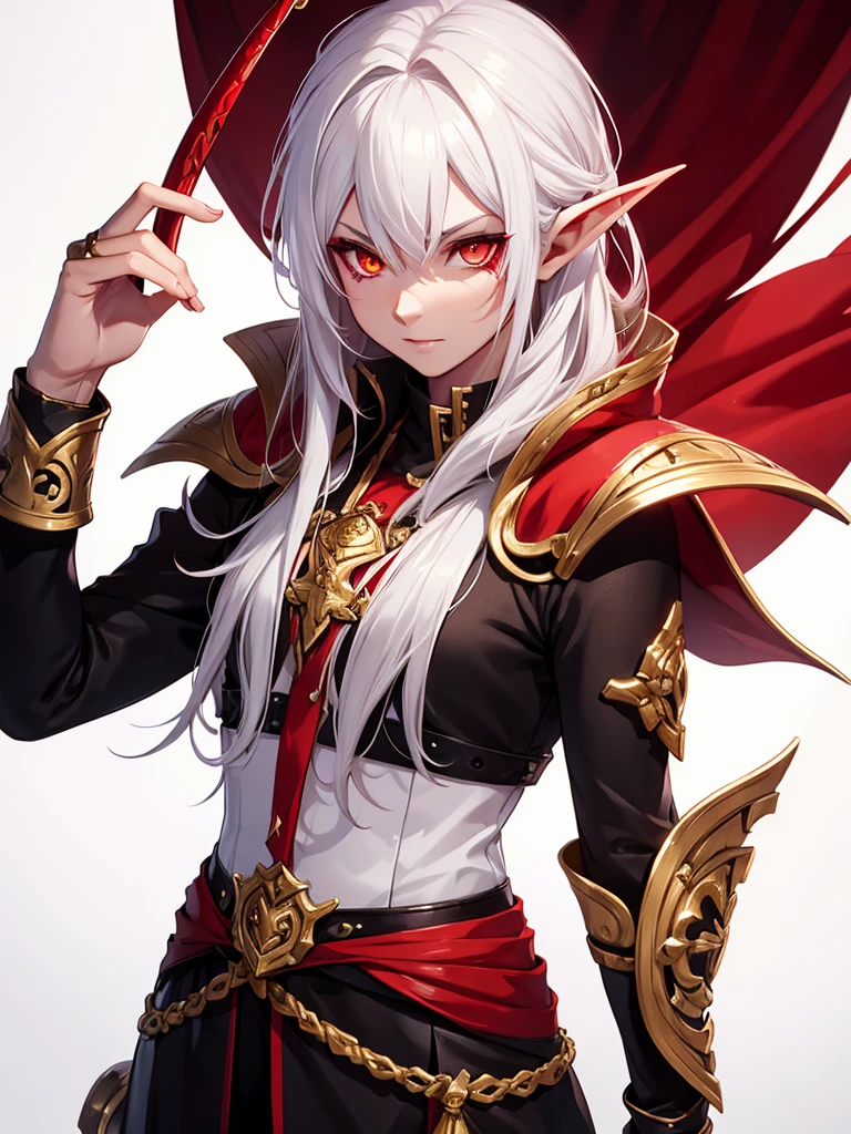 A tiefling bard, with crimson skin, golden eyes, and white hair