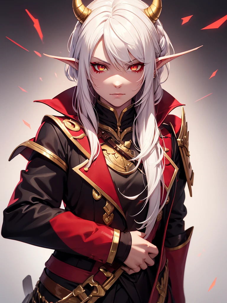 A tiefling bard, with crimson skin, golden eyes, and white hair 