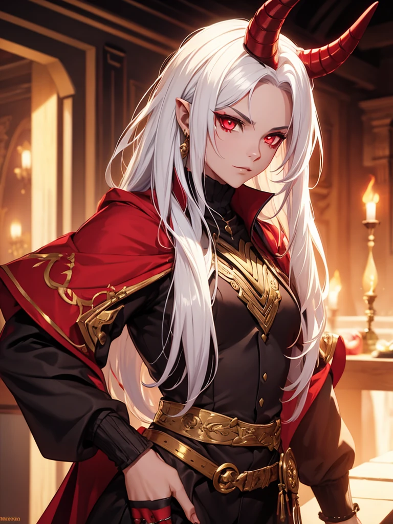 A tiefling bard, with crimson skin, golden eyes, and white hair