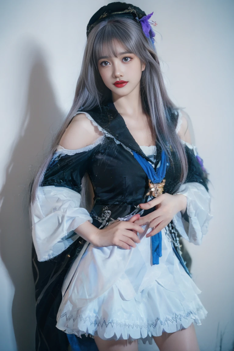 ulzzang-6500-v1.1,(raw photo:1.2),((photorealistic:1.4))best quality ,masterpiece, illustration, an extremely delicate and beautiful, extremely detailed ,CG ,unity ,8k wallpaper, finely detail, best quality,extremely detailed CG unity 8k wallpaper,absurdres, incredibly absurdres, huge filesize, ultra-detailed, highres, extremely detailed,beautiful detailed girl, extremely detailed eyes and face, beautiful detailed eyes,light on face,cinematic lighting, 25 year old woman, 1girl, solo,hat, purple hair, long hair, drill hair, twin drills,blue eyes, jewelry, flower, bare shoulders, black gloves,dress, thighhighs, thigh boots, boots, indoor, mirror, Curtain background, room, standing, upper body, medium breasts, looking at viwer,