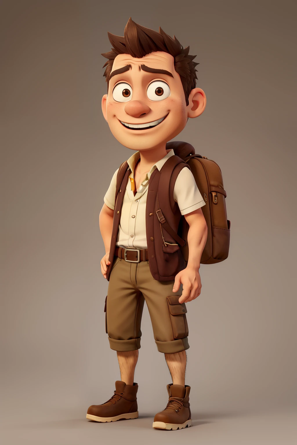 ((best qualityer)), ((work of art)), (detailded), I want to create an adventurous and friendly character avatar for my dropshipping store called Primo Nomad. Ele deve ter:

muka: A friendly and confident expression, com um leve sorriso. Balanced facial features, with a slightly square chin.
eyeballs: eyeballs castanhos claros, expressive and warm.
body hair: body hair castanho curto e ligeiramente despenteado, with a natural appearance.
Skinned: medium skin tone, with a light tan, as someone who spends a lot of time outdoors.
vestimentas: Wearing a short-sleeved cotton shirt, light-colored (like beige or white), combined with a travel vest. Add a travel backpack on your back.
Accessories: An Indiana Jones-style explorer&#39;s hat, which may be slightly tilted to one side. Maybe some travel accessories like a compass or map hanging from your backpack.
enviroment: The background could be something simple and related to travel or exploration, like a stylized world map or blurred natural landscapes.