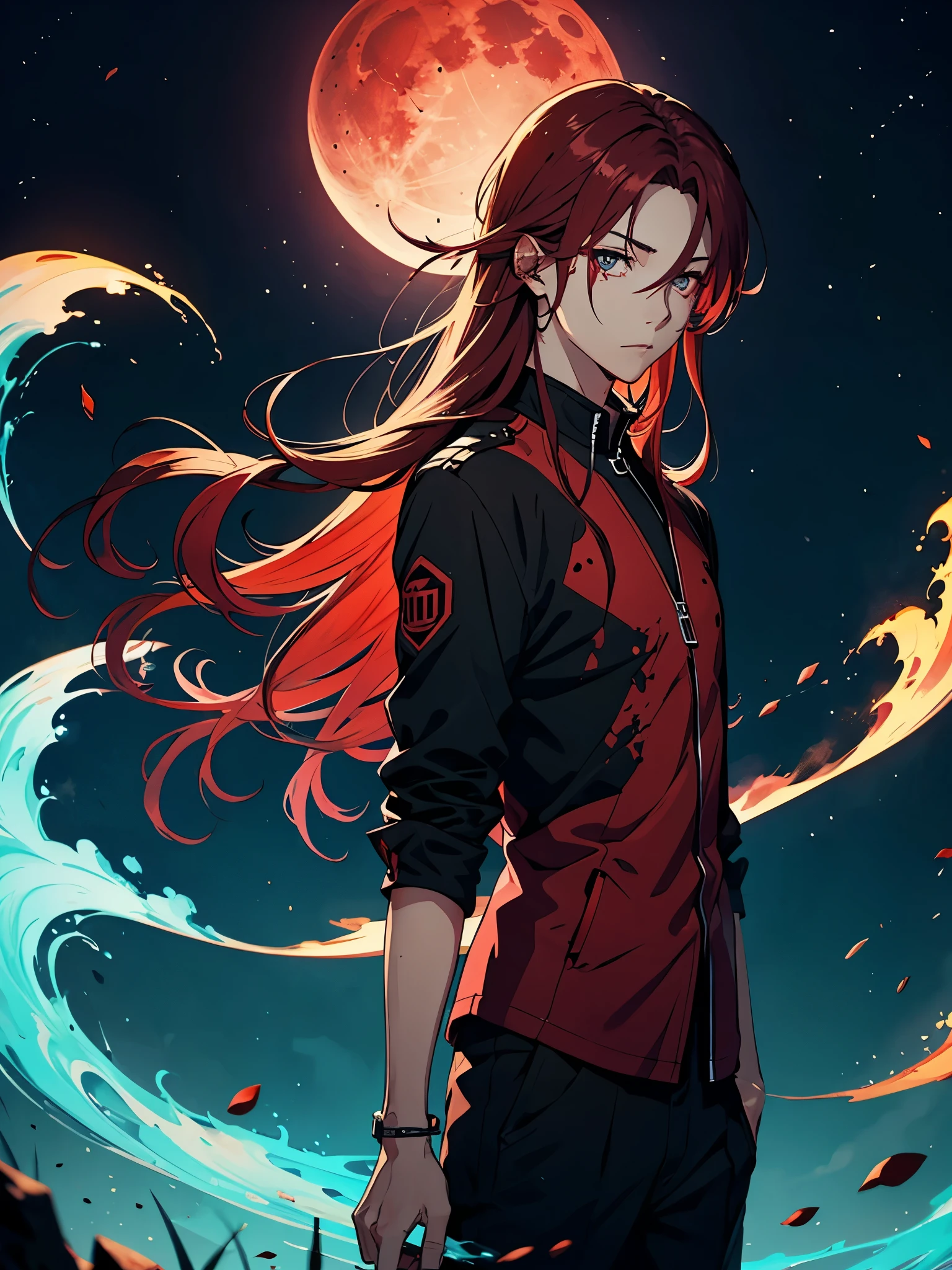 火. 火rote Haare. Red hair. Red eyeliner. Blood Moon. More anime. male. Long hair. Boy.