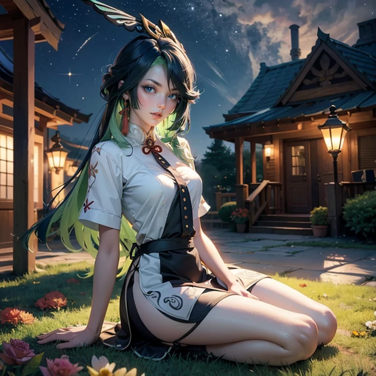 Xianyun_(genshin impact), 1girl, red roses, multicolored hair, black hair, green hair, long hair, glasses, night sky, red short skirt, red maid dress, skirt with layers, frills, red laces, maid apron, maid headdress, maid style, garter, garden scene, seat on the grass, red maid dress, maid dress, more details on her clothes, golden details on her clothes, night scene, smiling, solo, alone, jewelry, oriental garden scenery, white apron, white headdress, maid clothes, sitting