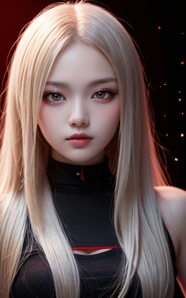 ((masterpiece,Highest quality)),One girl,Beautiful attention to detail, Detailed face, (whole body:1.2), Long white hair, Red eyes,Small breasts, (Black background:1.2), Blood particles, Shaded face 