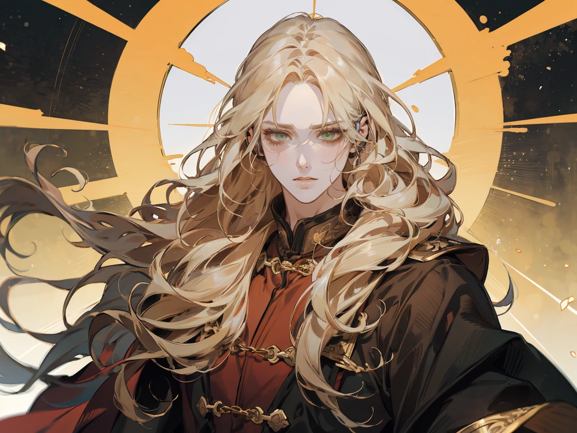 ((1 man)). ((brave:1.2)), Drawing a detailed portrait of a man with long hair, Long blond hair, Use gradient style. he的头发被仔细地扎成马尾辫,... he has striking gold eyes, 这与he苍白的皮肤形成鲜明对比., 给he疲惫的外表增添了一丝光彩. ,he'wearing a baggy, European style clothes, 在he纤细的身躯上流淌.,. The background is very dark, Dark castle,Cluttered room, flame照亮, 四周的flame,Dim Lights,flame,从门口携带着flame诞生,he身形高挑,Pale cheeks,Long hair on shoulders,耀眼的flame衬得he金色的瞳孔熠熠生辉,Fire,(whole body:1.2)whole body照,Standing,Game CG,Horror game illustrations