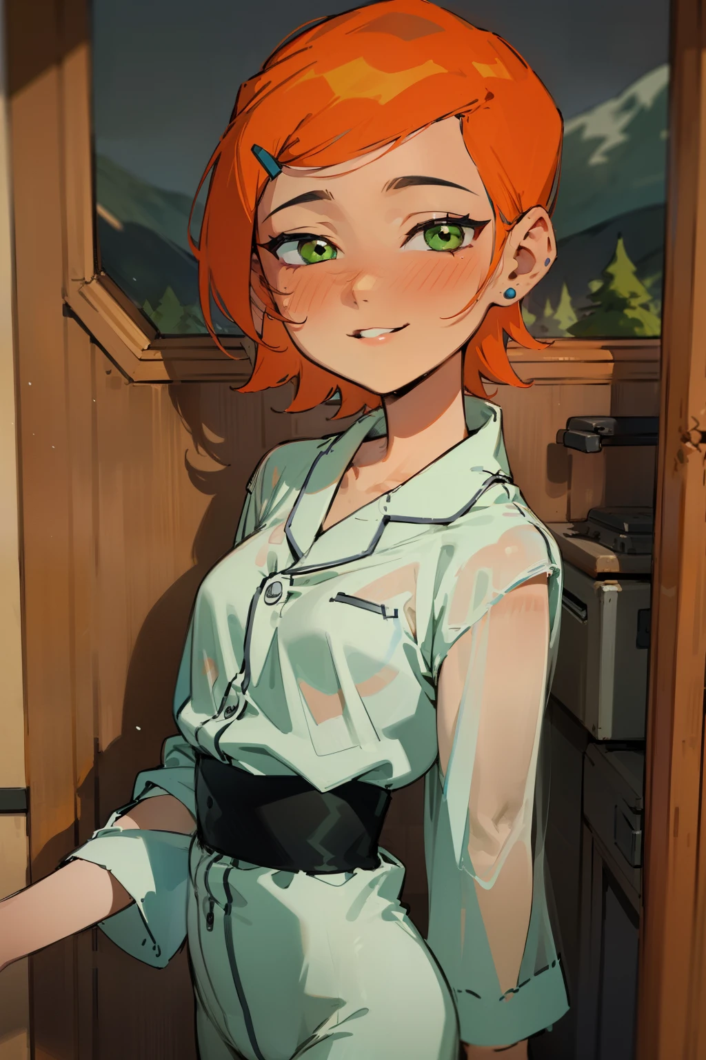 (Masterpiece), Best Quality, ultra-detailed, 1girl (Gwendolyn_Tennyson,  beautiful face, breasts, orange hair, short hair, green eyes, half-closed eyes), detailed face,a face in love, smile, parted lips, nose blush, blush , facing viewer, looking at viewer, solo, pink pajama, forest, night time, dark lighting, in the mountain cabin, standing, sexy waist teasing, come-on, cowboy shots