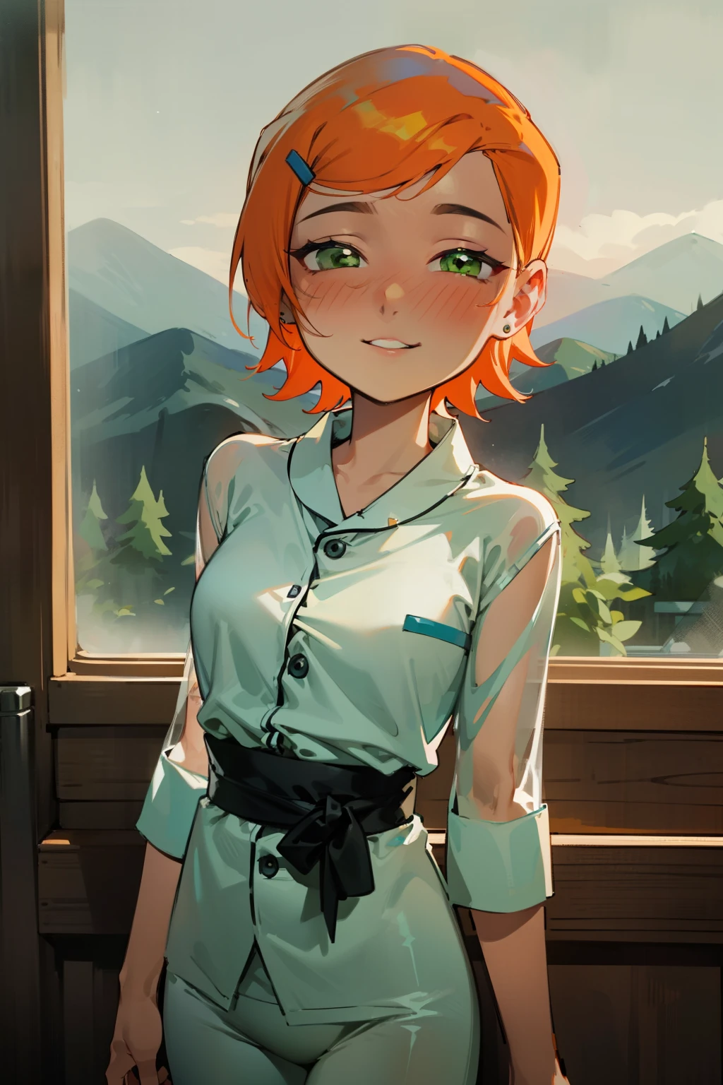 (Masterpiece), Best Quality, ultra-detailed, 1girl (Gwendolyn_Tennyson,  beautiful face, breasts, orange hair, short hair, green eyes, half-closed eyes), detailed face,a face in love, smile, parted lips, nose blush, blush , facing viewer, looking at viewer, solo, see-through pajama, forest, night time, dark lighting, in the mountain cabin, standing, sexy waist teasing, come-on, cowboy shots