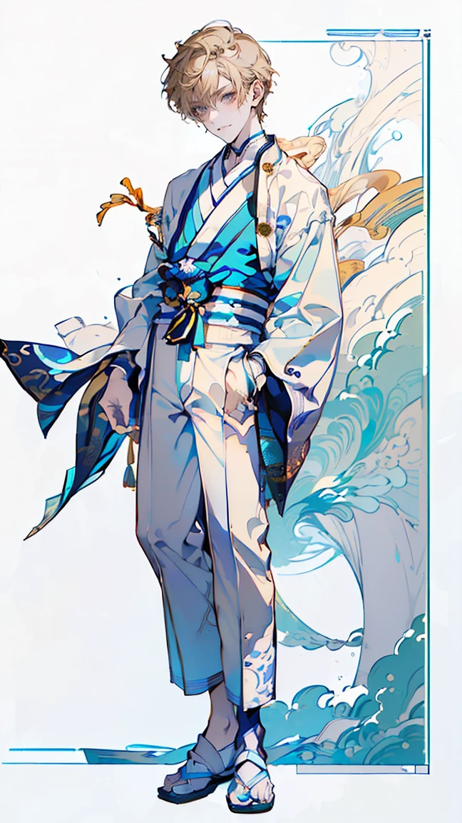 ((full body: 2)),((tachi-e:2.0)), ((UHD, masterpiece, super detail, best quality, highres, 8k)), (detailed line art), perfect face, perfect body, perfect hands, perfect feet.
(Humans, around 20 years old, (1 male), male idol, (simple background, magazine cover style),
gentle atmosphere, standing on the right side, looking this way (light brown hair close to gold, upturned eyebrows, droopy eyes, light blue eyes, thin lips), (male idol style clothing, white top, shirt with exposed collarbone, fluffy shirt, ribbon decoration, white pants, high-waisted pants, white belt, white shoes), (ribbon choker, white choker), (angelic atmosphere: 0.5), (facing forward)