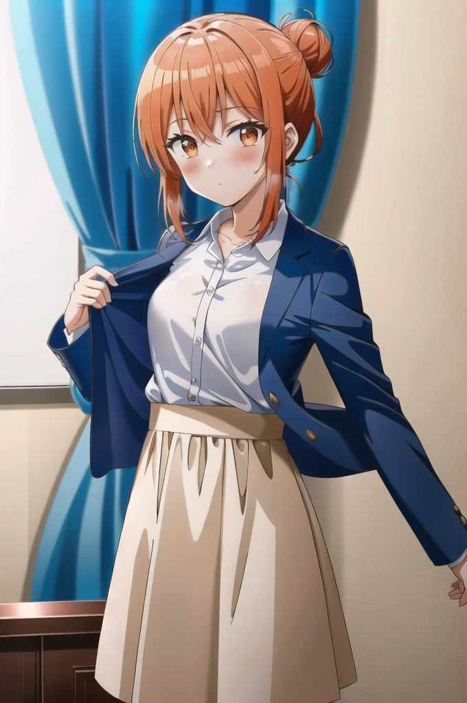 NSFW,masterpiece, (Highest quality:1.3), cowboy shot,looking at viewer,Beautiful attention to detail, (One girl, Mrs. Yuigahama, Orange Hair, Hair Bun), bedroom,standing, White dress,skirt lift,show off your panties,cute panties