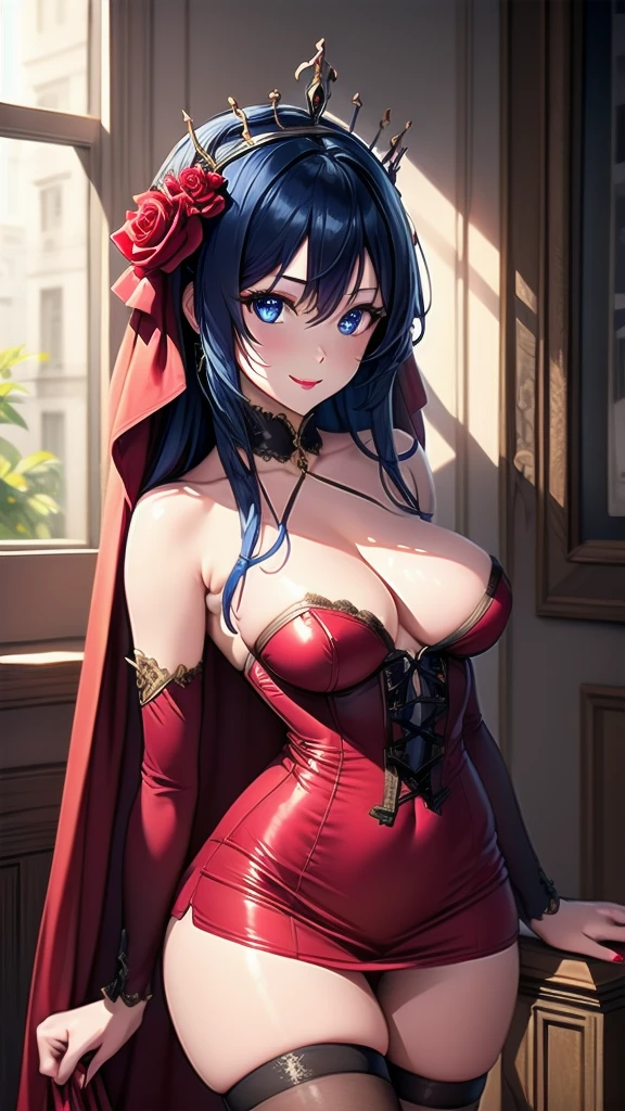 masterpiece, best quality, solo girl, navy blue hair, blue eyes, long hair, medium breasts, sexy body and face, wavy hair, smile, parted lips, red lips, ribbon, crown of thorns, thorns, (red cape, dress flower), detached sleeves, hair flower, hair ornament, long sleeves, black corset, long skirt, red dress, rose, strapless dress, long skirt, thighhighs, thighlet, red nails, dress flower, black thighhighs, mksks style, beautiful background, orchestra, indoors, sexy pose, cowboy shots, sharp focus, ultra-detailed body, face, and eyes, vibrant, creative, dynamic, high definition, high resolution, 8k, (Upscale: R-ESRGAN 4x+ Anime6mage enchance:4x), voluptuous body, cinema lightning, looking at the viewer, (realistic:1.4), (beautiful detailed face, beautiful detailed eyes, volumetric lighting), 