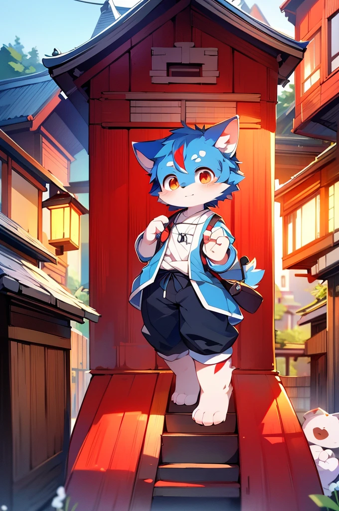 Blue color fur,8k resolution,最high resolution,high resolution,                                 Cityscape,Old house in Japan,Japanese style house,Japanese cityscape,              In uniform,Red color hair,Cute Face,Two legs,Stand on your feet
