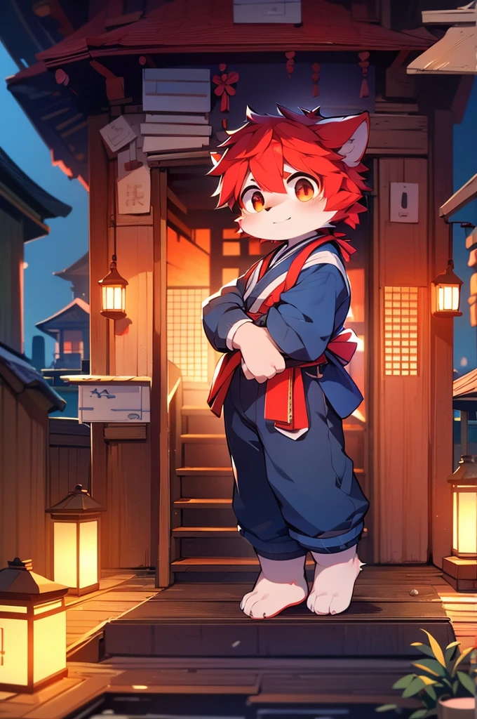 Blue color fur,8k resolution,最high resolution,high resolution,                                 Cityscape,Old house in Japan,Japanese style house,Japanese cityscape,              In uniform,Red color hair,Cute Face,Two legs,Stand on your feet