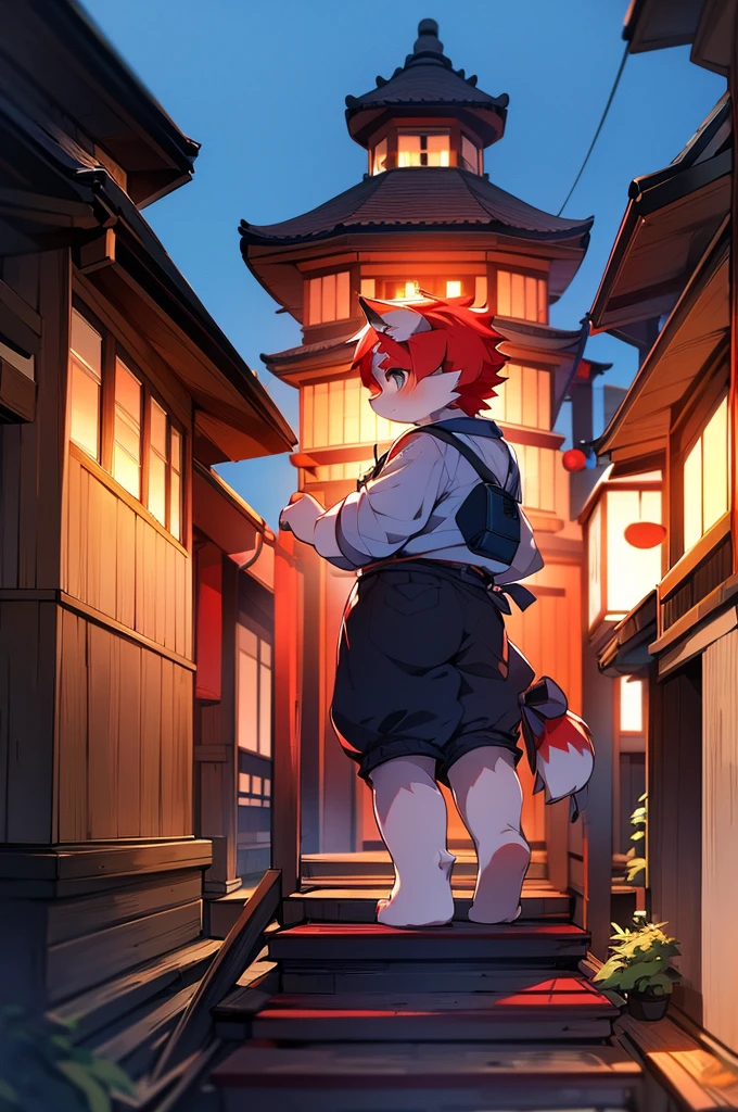 Blue color fur,8k resolution,最high resolution,high resolution, Cityscape,Old house in Japan,Japanese style house,Japanese cityscape, In uniform,Red color hair,Cute Face,Two legs,Stand on your feet