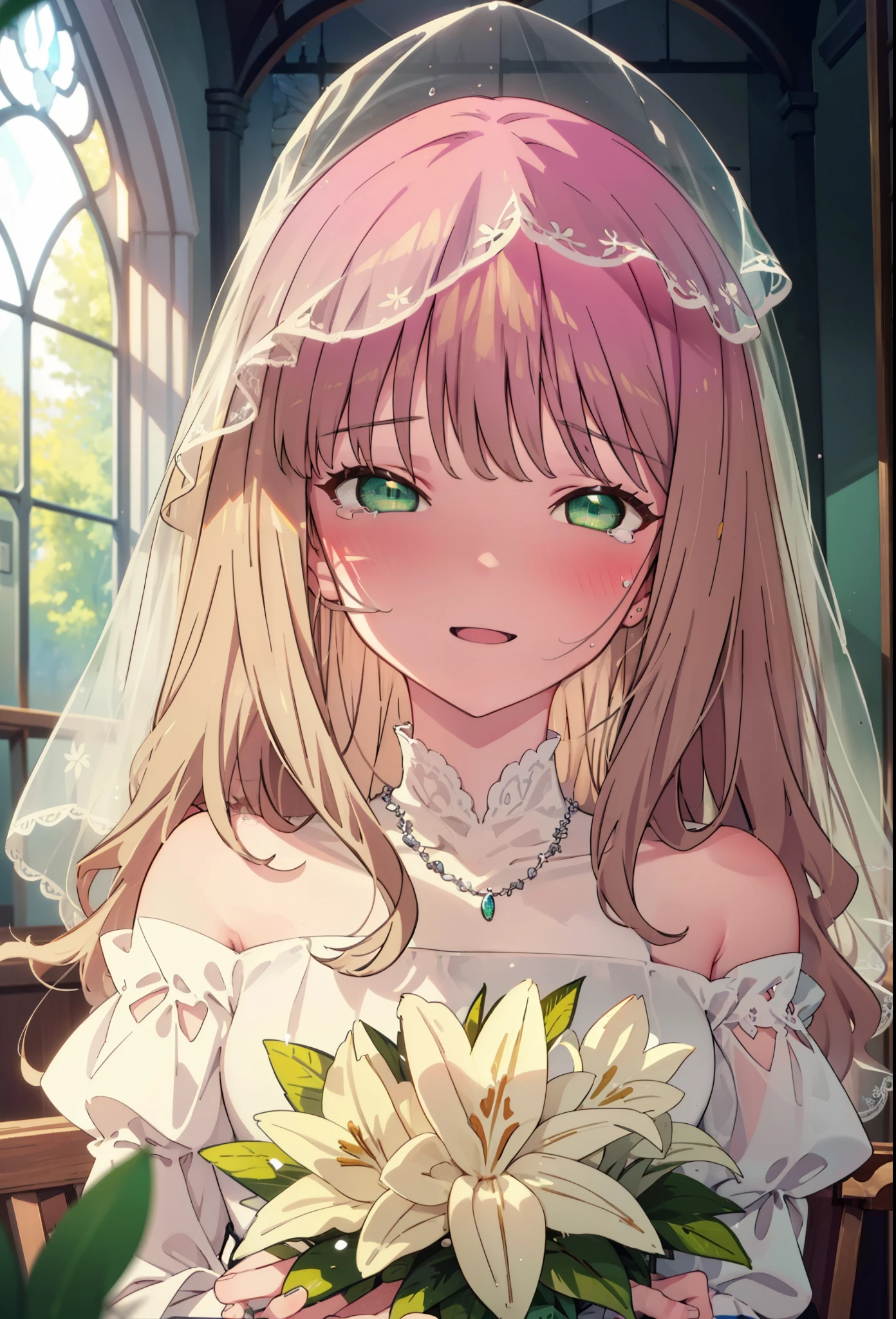 minami yume ,sss Dynazenon ,Long Hair, Brown Hair, (Green Eyes:1.5) ,blush,happy smile, smile, Open your mouth,Off-the-shoulder wedding dresses,necklace,Veil,bouquet,Close both eyes,Tears stream down her face,Tears of joy,I cry a lot,
break looking at viewer, whole body,(Cowboy Shot:1. 5) break indoors, Chapel,church, break (masterpiece:1.2), Highest quality, High resolution, unity 8k wallpaper, (shape:0.8), (Beautiful attention to detail:1.6), Highly detailed face, Perfect lighting, Highly detailed CG, (Perfect hands, Perfect Anatomy),