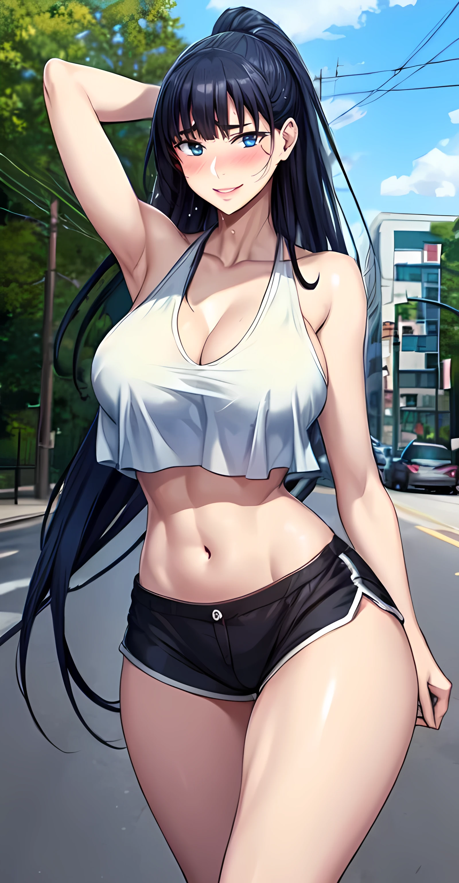 score_9, score_8_up, score_7_up, score_6_up, score_5_up, score_4_up, (8k, RAW photo, best quality, masterpiece:1.2), front view detailed body, long belly, big , Slender body, tight body , thicc ,medium breast , long thighs, muscular woman, JooRidef, black hair, long hair, blue eyes, large breasts, beautiful legs
1girl, solo, looking at viewer, tank top, bare shoulders, collarbone, underboob, dolphin shorts, day, outdoors , walking, city, looking at viewer, cowboy shot , pony tails, Cleavage, navel, fullbody , armpit, balck stocking