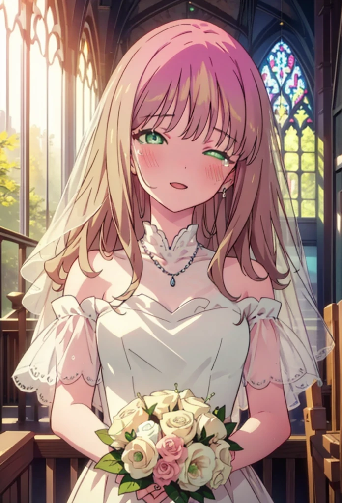 minami yume ,sss Dynazenon ,Long Hair, Brown Hair, (Green Eyes:1.5) ,blush,happy smile, smile, Open your mouth,Off-the-shoulder wedding dresses,necklace,Veil,bouquet,Close both eyes,Tears stream down her face,Tears of joy,I cry a lot,
break looking at viewer, whole body,(Cowboy Shot:1. 5) break indoors, Chapel,church, break (masterpiece:1.2), Highest quality, High resolution, unity 8k wallpaper, (shape:0.8), (Beautiful attention to detail:1.6), Highly detailed face, Perfect lighting, Highly detailed CG, (Perfect hands, Perfect Anatomy),