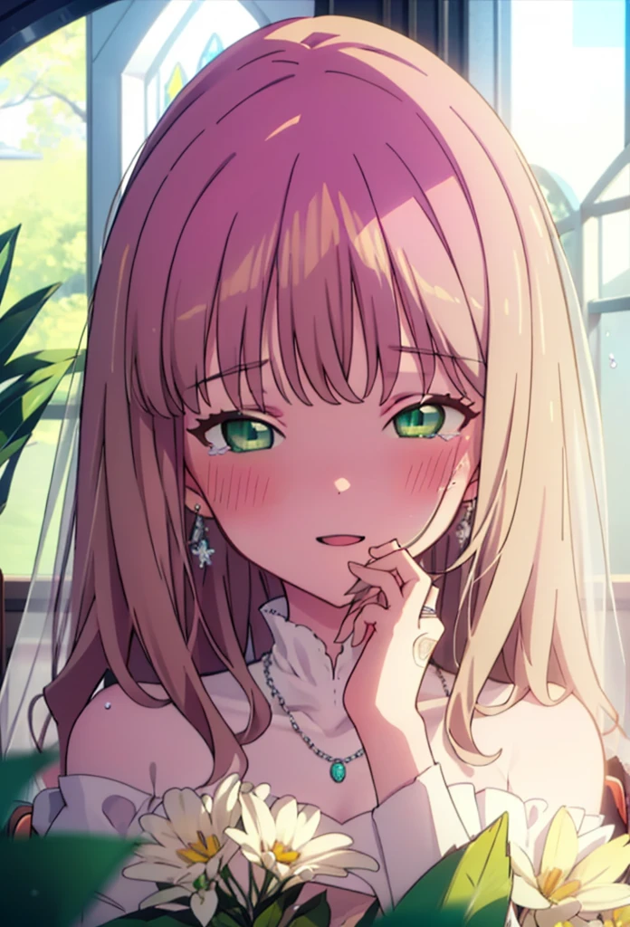 minami yume ,sss Dynazenon ,Long Hair, Brown Hair, (Green Eyes:1.5) ,blush,happy smile, smile, Open your mouth,Off-the-shoulder wedding dresses,necklace,Veil,bouquet,Close both eyes,Tears stream down her face,Tears of joy,I cry a lot,
break looking at viewer, whole body,(Cowboy Shot:1. 5) break indoors, Chapel,church, break (masterpiece:1.2), Highest quality, High resolution, unity 8k wallpaper, (shape:0.8), (Beautiful attention to detail:1.6), Highly detailed face, Perfect lighting, Highly detailed CG, (Perfect hands, Perfect Anatomy),