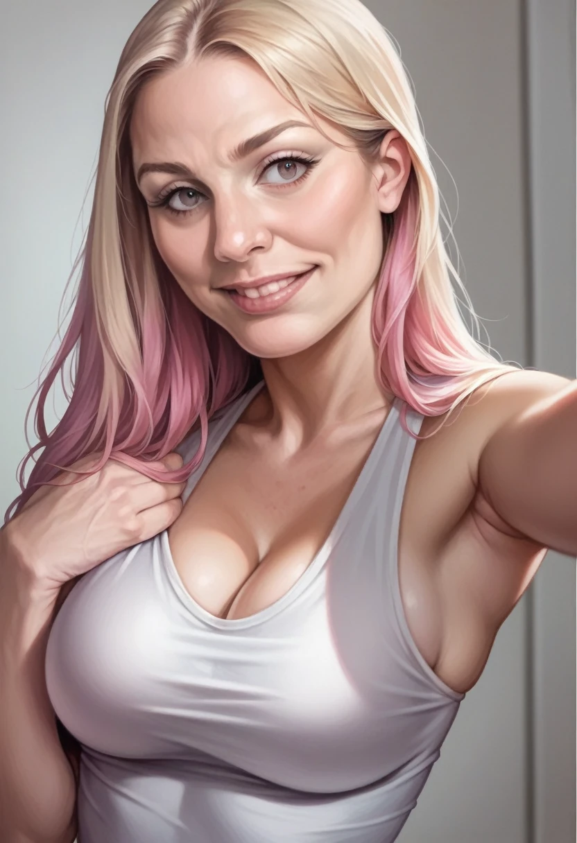 14 year old teenager naked in the bathroom taking a selfie, no good, tanga visible, pale skin, pretty face, bushy eyebrows, big eyelashes, pink nipples, swollen nipples, smiling