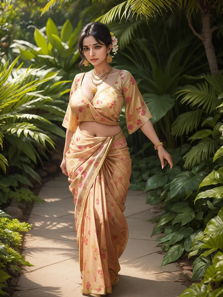 A Woman round neck blouse and saree,round face,fair skin, beautiful face, angle face,big cheeks, swooping breasts, deep cleavage, open arms, sexy armpits,big penis, nipples, ass, necklace, (cinematic:1.3), close -up,a woman in a round neck blouse and saree walking in a garden, wearing a round neck blouse and saree, wearing in a summer dress, wearing a round neck blouse and saree, golden and round neck blouse and saree, standing in a botanical garden, elegant tropical prints, wearing an round neck blouse and saree, wearing round neck blouse and saree, with flowers, wearing a round neck blouse and saree, full body photogenic shot