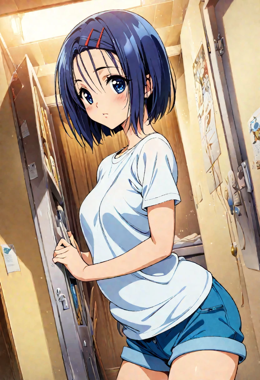 masterpiece, highest quality, Detailed face, Beautiful and detailed eyes, Beautiful Face, Perfect body, Official Art, grand plix award illustration, Professional Lighting,One girl, sairenji haruna,blue short hair,blue eyes,hair pin,shirt,shorts,room,Style of Yabuki Kentaro, To Love-Ru art style,