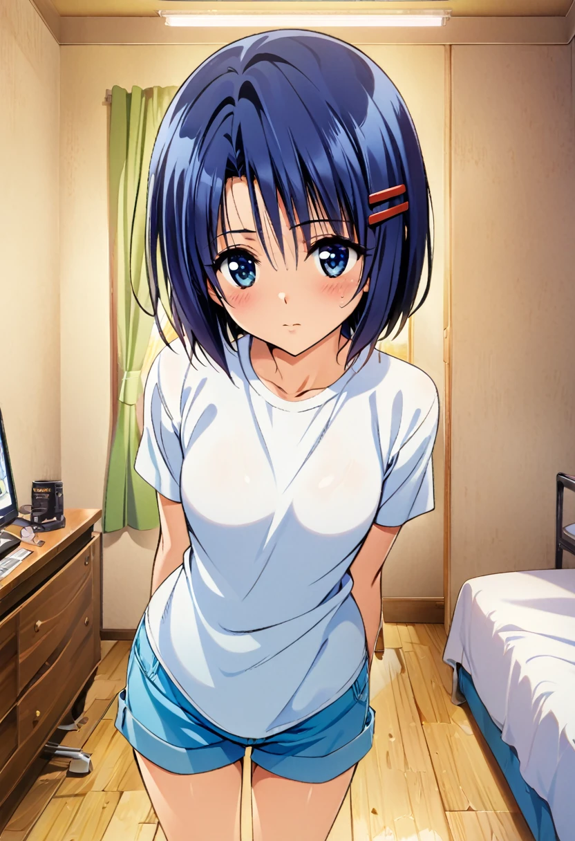 masterpiece, highest quality, Detailed face, Beautiful and detailed eyes, Beautiful Face, Perfect body, Official Art, grand plix award illustration, Professional Lighting,One girl, sairenji haruna,blue short hair,blue eyes,hair pin,shirt,shorts,room,Style of Yabuki Kentaro, To Love-Ru art style,