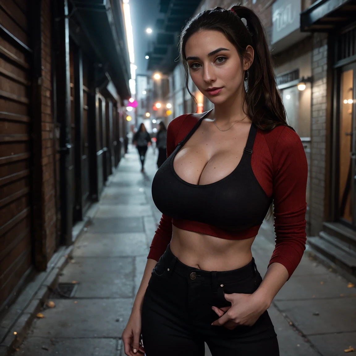 Extremely busty thin and toned brunette photographer, college girl, fair skin, loose ponytail, soft face, athletic, tight dark red long-sleeve crop top, black bra straps, black skinny jeans. standing in a dirty alleyway, club, neon, nighttime, darkness, cleavage