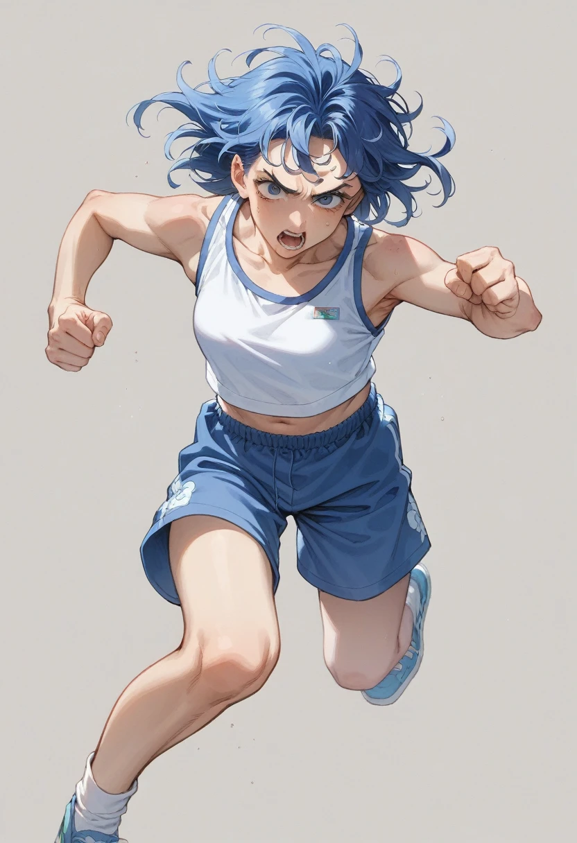 Anime girl with blue hair and blue shorts reaches out to catch Frisbee, Inspired by Rei Kamoi, Sketchy art style, Anime girl running, Color Sketch, Anime Pose, She is dancing. Realistic, Anime Styleに, フラットなAnime Styleシェーディング, Anime Style, Jojo anime style, Painted in an anime artist's studio, Anime art style