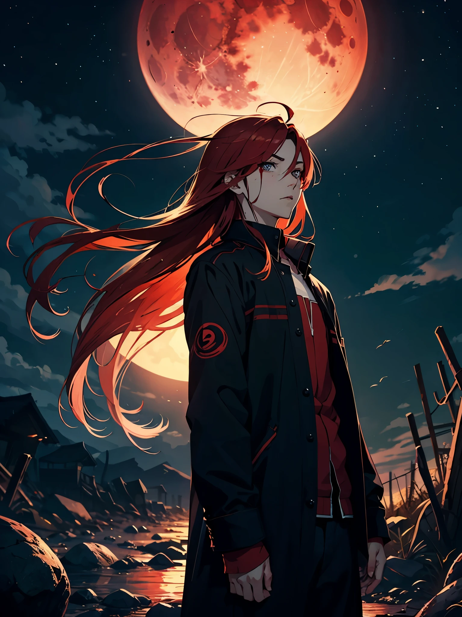 火. 火rote Haare. Red hair. Red eyeliner. Blood Moon. More anime. male. Long hair. Boy.