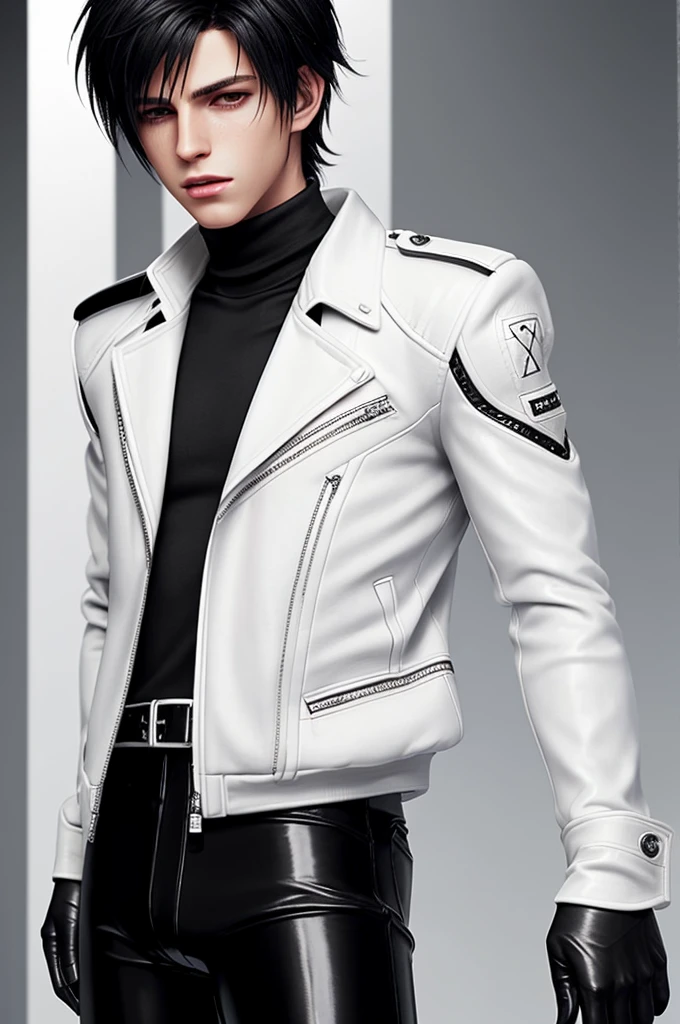 Final fantasy taste and reality graphics, Japanese young cute and cool ikemen  boy, his age is early 20s, thin eyebrows and beady eyes,  he wearing off white color leather  thick material jacket, jacket is singlebrest, biker style jacket, with epaulet, jacket is long sleeve, must close the front of the leather jacket, , voluminous leather jacket, ,must jacket is high length and stand-up collar with two belts, jacket is a little black color line pattern,close the front of the jacket, also wearing black thick material turtleneck lackluster shirts,  tight black leather pants,  black leather tight and thin glove, black leather knee-high raceup boots,must views  head-to-toe,must views whole body, boy looks like fashion model,Do not show skin from the neck down,leather jacket leather glove and leather pants have few wrinkles,boy in the prison room, Avoid showing your innerwear,zip up jacket fastner.
Boy touching owns private parts with right hand.
Bous face is expression of ecstasy.