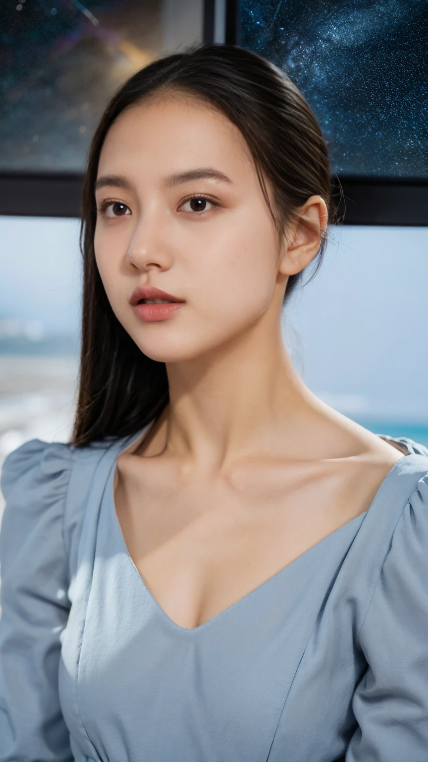 (((Highest qualityで、Very detailedな)))Ultra-high resolution close-up image of a face,length, Straight black hair frames her face,You can clearly see each and every hair、((Depicts subtle color changes depending on the amount of light hitting the subject,The skin is white and smooth、Natural shine,Fine skin、Expressing the fine details of pores)),Detail of slight redness on forehead and cheeks,eyes are light brown,(((Iris detail、Expressing color gradations and patterns))),length, Natural Eyelashes, Each is visible,well-groomed eyebrows、眉毛やまつ毛のpersonal々The hair is clearly visible,Light reflects off the eyes、Create small highlights,The nose is delicate、Fine detail on the nostrils,唇はふっくらとして自然なpink色,Draws fine lines and soft curves of the lips,Shiny、Accentuate the shape,Detailed depiction of lip texture,Special attention is paid to the depiction of light and shadow.,Soft natural light gently illuminates your face from the front,A slight glow on the forehead, nose and cheeks,The shadows are softly cast along the contours of the face.、Accentuates the curves of your cheekbones, Side of chin and nose,Her lip gloss reflects the light subtly.、Emphasizes plump texture,The shadows in the hair add depth and dimension、personal々Hair sparkles in the light,The background is simple and blurry、Focus on the face,Highest quality, Realistic, Realistic, Very detailed, Very delicate and beautiful, RAW Photos, Professional Lighting, Facial Lighting, Written boundary depth, Single Focus, whole body, 20-year-old woman, (night, Beach, Starry Sky: 1.4), Brown Hair, Brown eyes, Small Head, ((Big Breasts)), Stylish girl, Beautiful Eyes, True Face, Real Skin, Realistic face, Realistic skin, fine grain, Detailed facial features, Detailed clothing features, (Fashionable clothes: 1.3 ), (Trendy hairstyles: 1.3) Dynamic pose, View your audience, Face and chest detail, (Pyros Face_v1:0.33), (Urzan-6500:0.33),Japanese high school girls posing in the schoolyard in the evening。She is wearing a white shirt and a navy blue pleated skirt..、Wearing a red ribbon tie。Shirt sleeves are slightly turned up、A simple silver bracelet gleams on her wrist., Visible from the sleeve.。The model is naturally straight, 肩までのlengthの黒髪.、前髪は眉毛より少し上くらいのlengthにしてください。Her skin is so white it's almost transparent、Gives a healthy glow。 There is a large schoolyard in the background..、You can see rusty iron bars and playground equipment..。The sky is dyed in the sunset、orange、pink、A beautiful purple gradation spreads out.。There is a large cherry blossom tree behind the model..、Leaves swaying in the wind。Weeds growing at my feet.、Give a sense of reality。 The lighting is soft and natural, Gently embrace the model.、Warm colors illuminate her face and uniform..。She has a natural smile、Her left hand is gently lifting the edge of her skirt。Place your right hand on your hip、A relaxed yet confident pose.。Her eyes are on the camera、She has a pure and bright look.。 whole、若さの爽やかさとnightの落ち着いた雰囲気の融合.、The aim is to create an elegant yet approachable photographic image..。