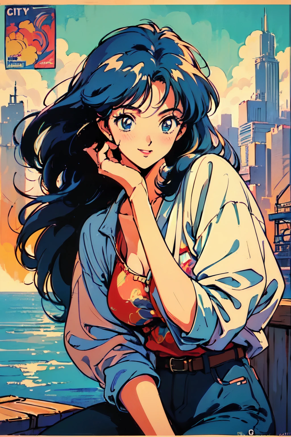 (80's, Retro, City Pop Poster:1.5), (Album cover), (masterpiece, Highest quality, Intricate details), (anime, figure), (pastel colour:1.3),
girl, alone, smile, A perfect eye for detail, Delicate face,
Ocean, drive,High Fashion, tobacco