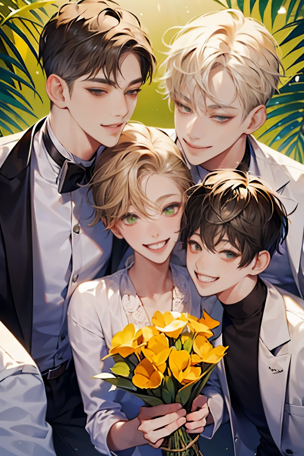 Friends, 3 boys, 1 girl, brothers, different hair color, short dark hair and brown eyes, short blonde hair and green eyes, short brown hair and brown eyes, side by side, suit, smile, white clothe, 25 years old
